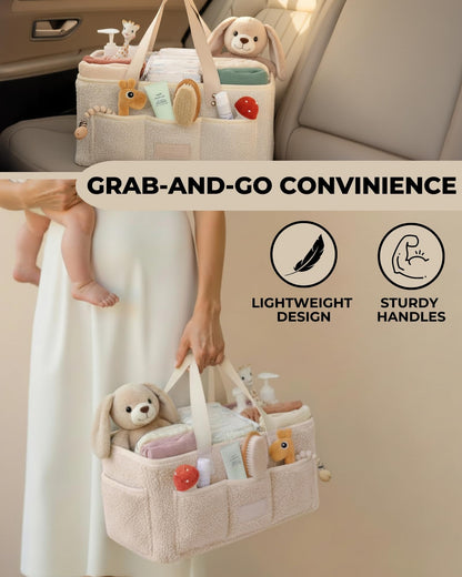 Baby Diaper Caddy Organizer with Portable Changing Mat - Teddy Fleece Diaper Organizer for Changing Table - Basket for Changing Essentials - Baby Essentials Organizer with Removable Dividers
