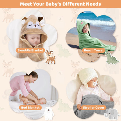 12 PCS Baby Bath Towels Set for Infants Toddlers, 4 PCS Animal Hooded Baby Towels & 8 PCS Washcloths Set, Ultra Absorbent Cute Soft Newborn Bath Essentials Gifts for Boys & Girls