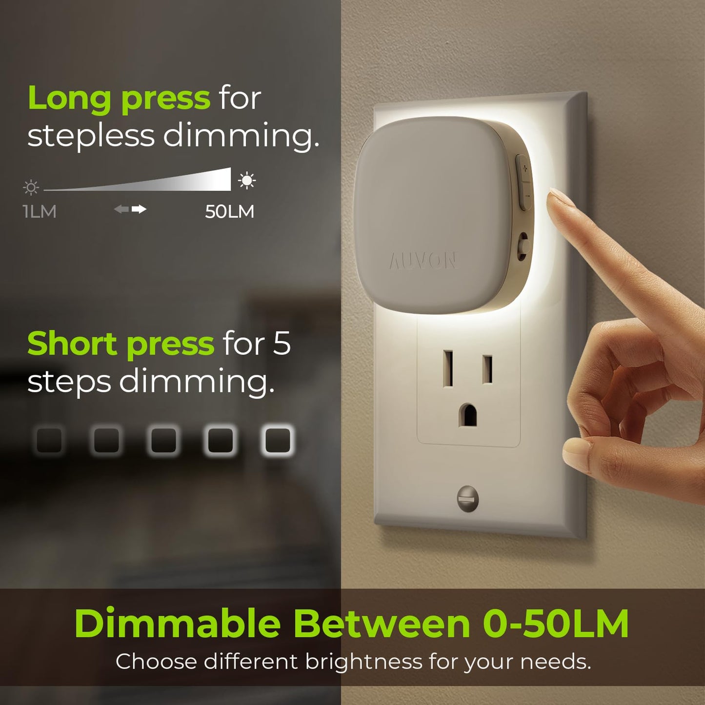 AUVON Plug-in LED Backlit Night Light with Motion Sensor & Dusk to Dawn Sensor, Dimmable Warm White Nightlight with 1-50 lm Adjustable Brightness for Bedroom, Bathroom, Stairs, Hallway (4 Pack)