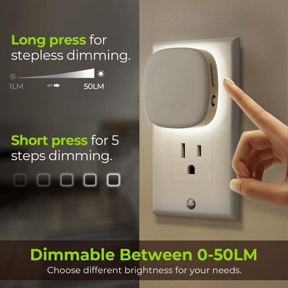 AUVON Plug-in LED Backlit Night Light with Motion Sensor & Dusk to Dawn Sensor, Dimmable Warm White Nightlight with 1-50 lm Adjustable Brightness for Bedroom, Bathroom, Stairs, Hallway (4 Pack)