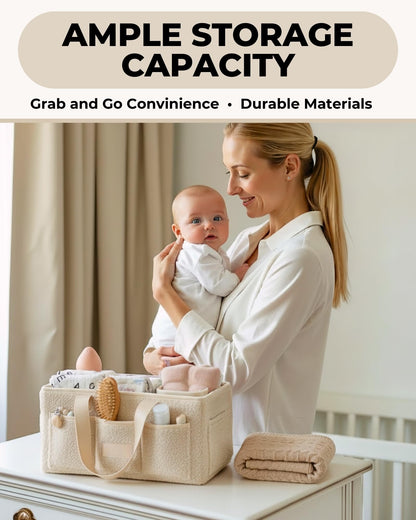 Baby Diaper Caddy Organizer with Portable Changing Mat - Teddy Fleece Diaper Organizer for Changing Table - Basket for Changing Essentials - Baby Essentials Organizer with Removable Dividers