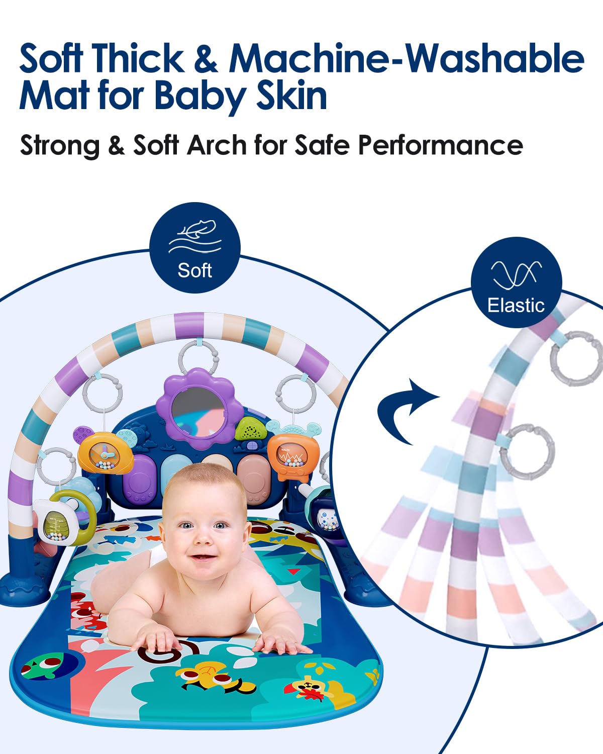 dearlomum Baby Play Mat Gym, Funny Play Piano Tummy Time Activity Mat with 5 Infant Sensory Toys, Music and Lights, Boy & Girl Gifts for Newborns 0 to 3 6 9 12 Months (Pink)