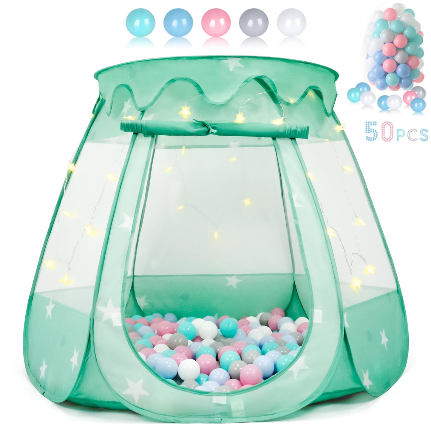 Baby Ball Pit for Toddler with 50 Balls, Pop Up Princess Tent with Star Lights for 1 2 3 Year Old Birthday Gift, 12-18 Months Baby Girl Toys with Carrying Bag, Indoor&Outdoor Play Tent for Kids