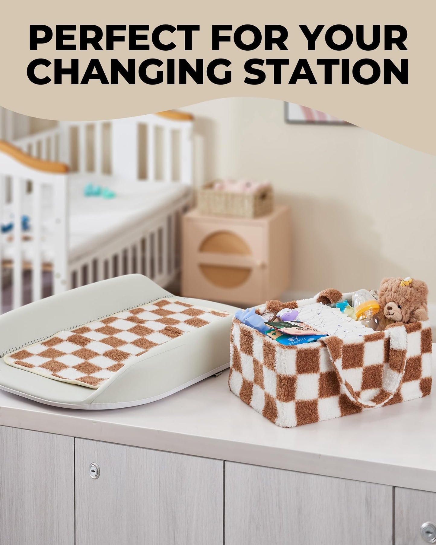 Baby Diaper Caddy Organizer with Portable Changing Mat - Teddy Fleece Diaper Organizer for Changing Table - Basket for Changing Essentials - Baby Essentials Organizer with Removable Dividers
