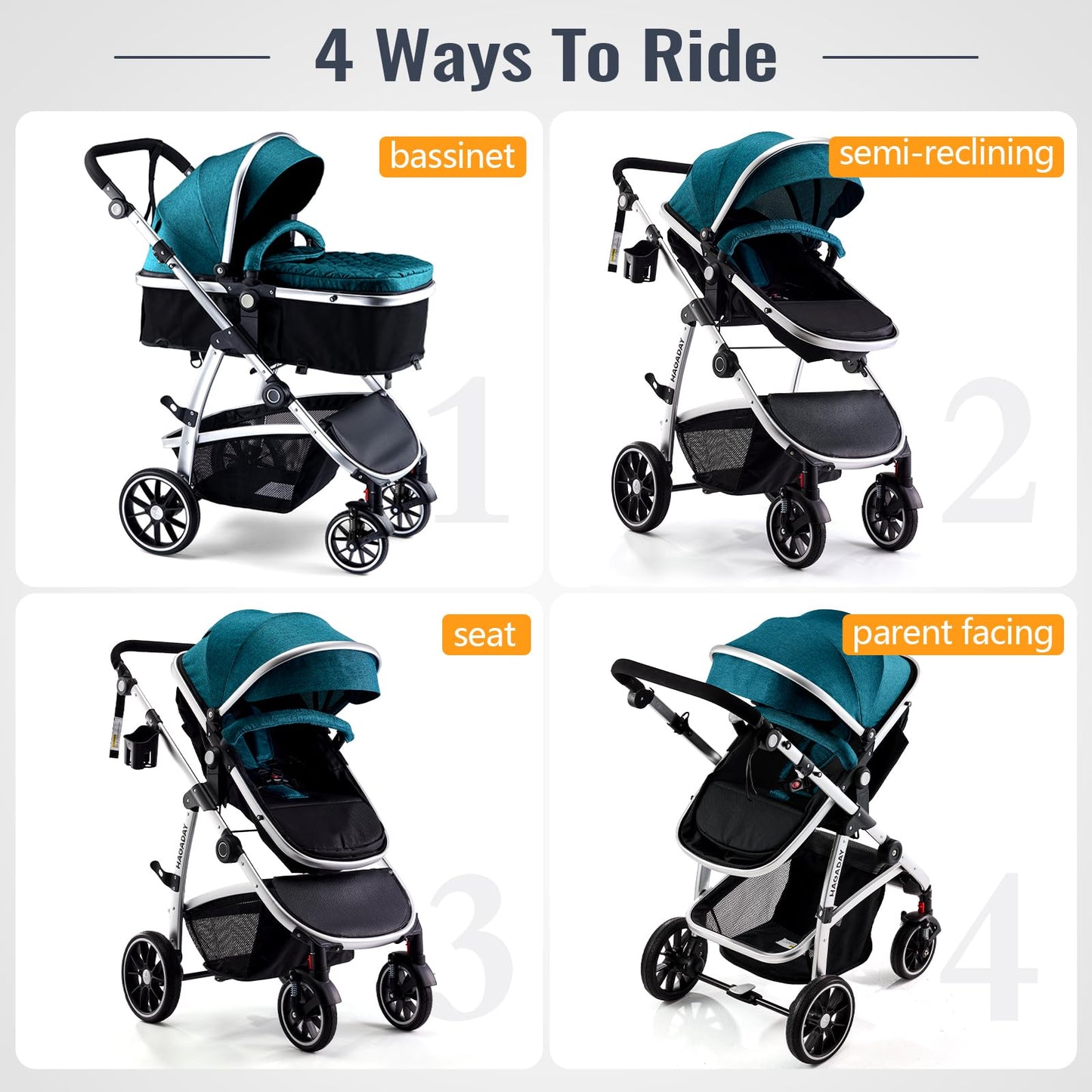 Hagaday Baby Stroller, 2-in-1 Reversible Toddler Seat with Bassinet Mode, Foldable Infant Stroller with Canopy, One Button Brake, Adjustable Handle, Newborn Pushchair(Blue)