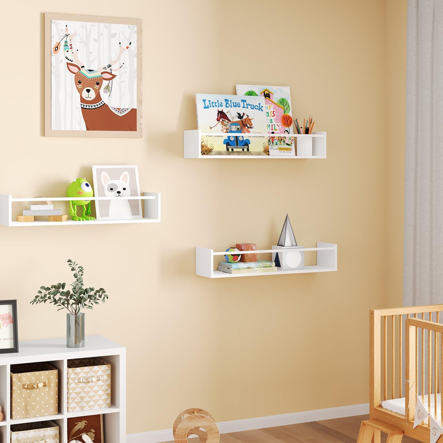 Fixwal Nursery Book Shelves, 16.5 Inch Floating Bookshelves for Wall Set of 3, Baby Nursery Decor, Solid Wood Wall Mounted Shelves for Books, Toys and Decor Storage (Brown)