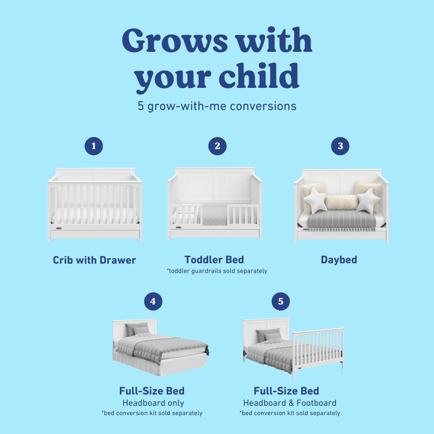 Graco Hadley 5-in-1 Convertible Crib & Changer – GREENGUARD Gold Certified, Fits Standard Crib Mattress, Converts to Toddler Bed and Full Bed, 4 Adjustable Mattress Heights (Pebble Gray)