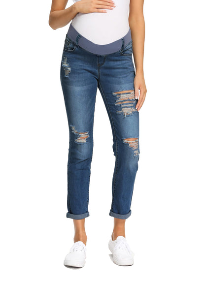 Foucome Women's Maternity Jeans Stretch Ripped Boyfriend Jeans Pregnancy Denim Pants with Pockets
