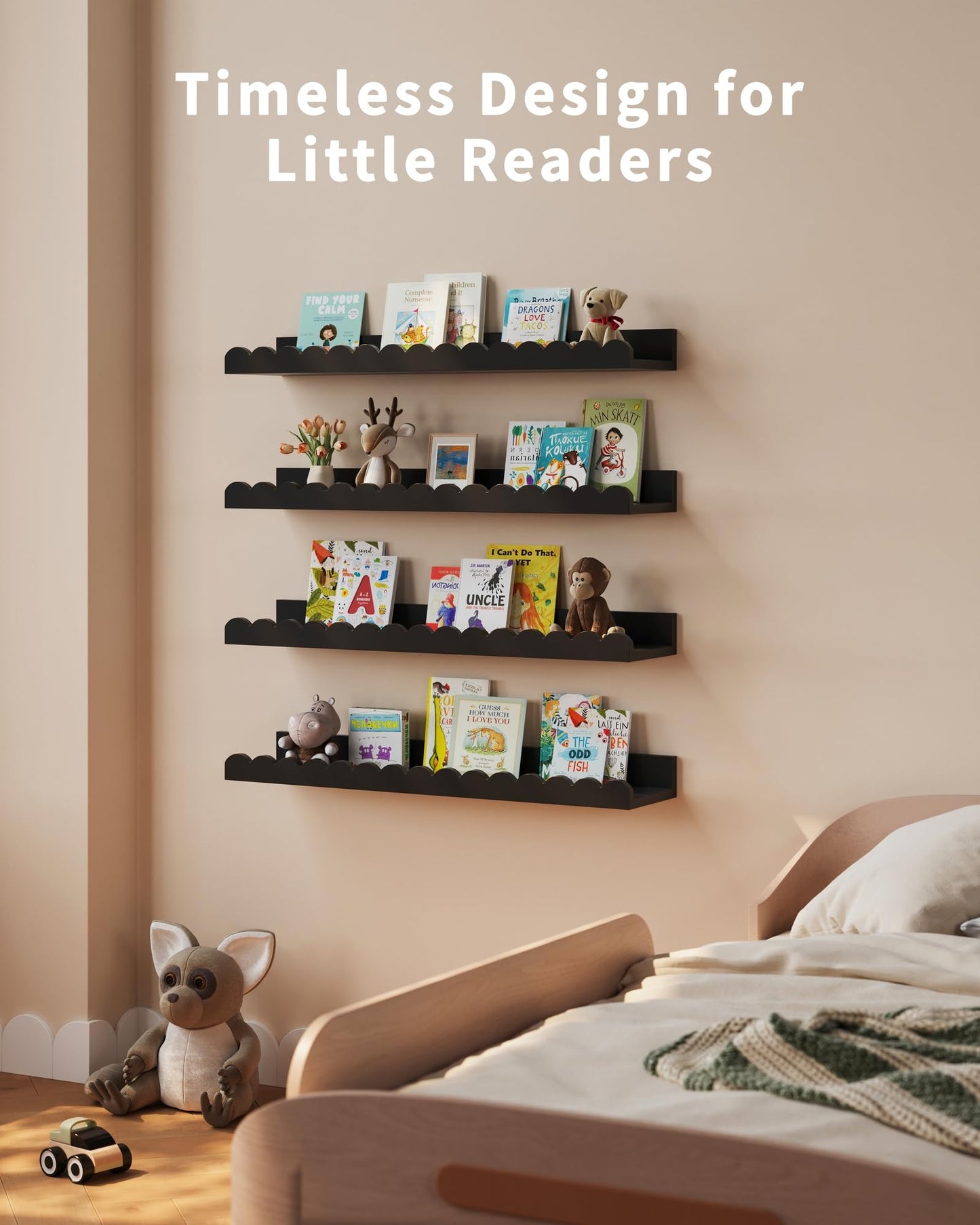 Shario Nursery Book Shelves, 4-Pack White Floating Shelves for Wall Kids, Scalloped Shelves, Wall Book Shelves for Bedroom Kids, Toddler Room, Baby Room, Nursery Decor