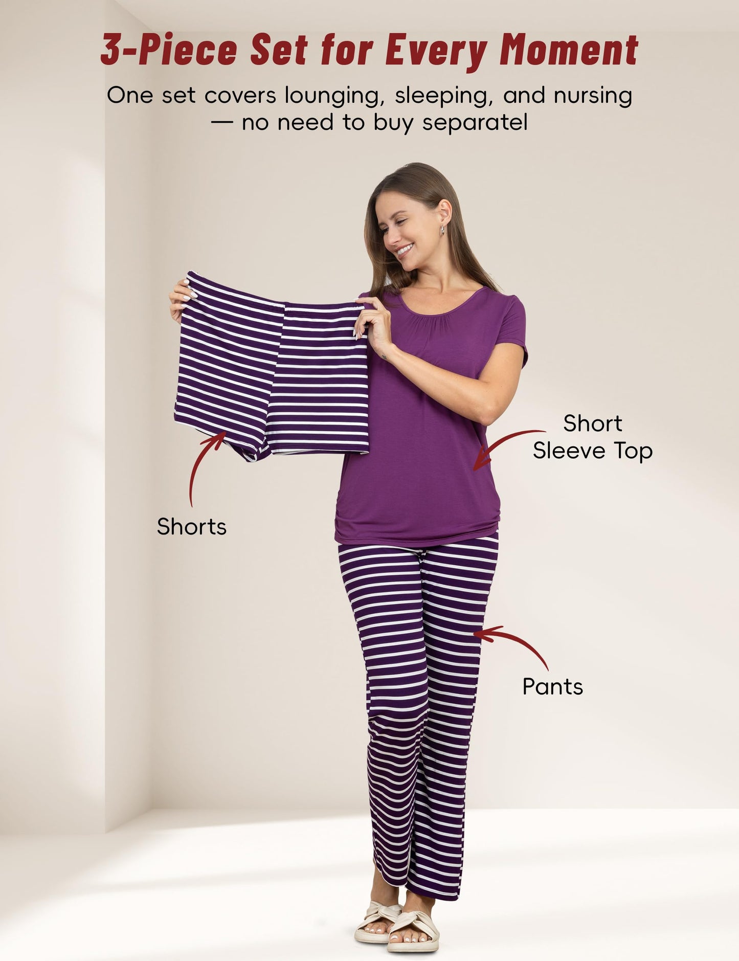 SUNNYBUY Womens Maternity Nursing Pajamas Set, Short Sleeve Breastfeeding Shirts，Pregnancy Shorts & Pants 3 Piece Nursing PJS
