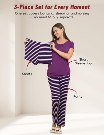 SUNNYBUY Womens Maternity Nursing Pajamas Set, Short Sleeve Breastfeeding Shirts，Pregnancy Shorts & Pants 3 Piece Nursing PJS