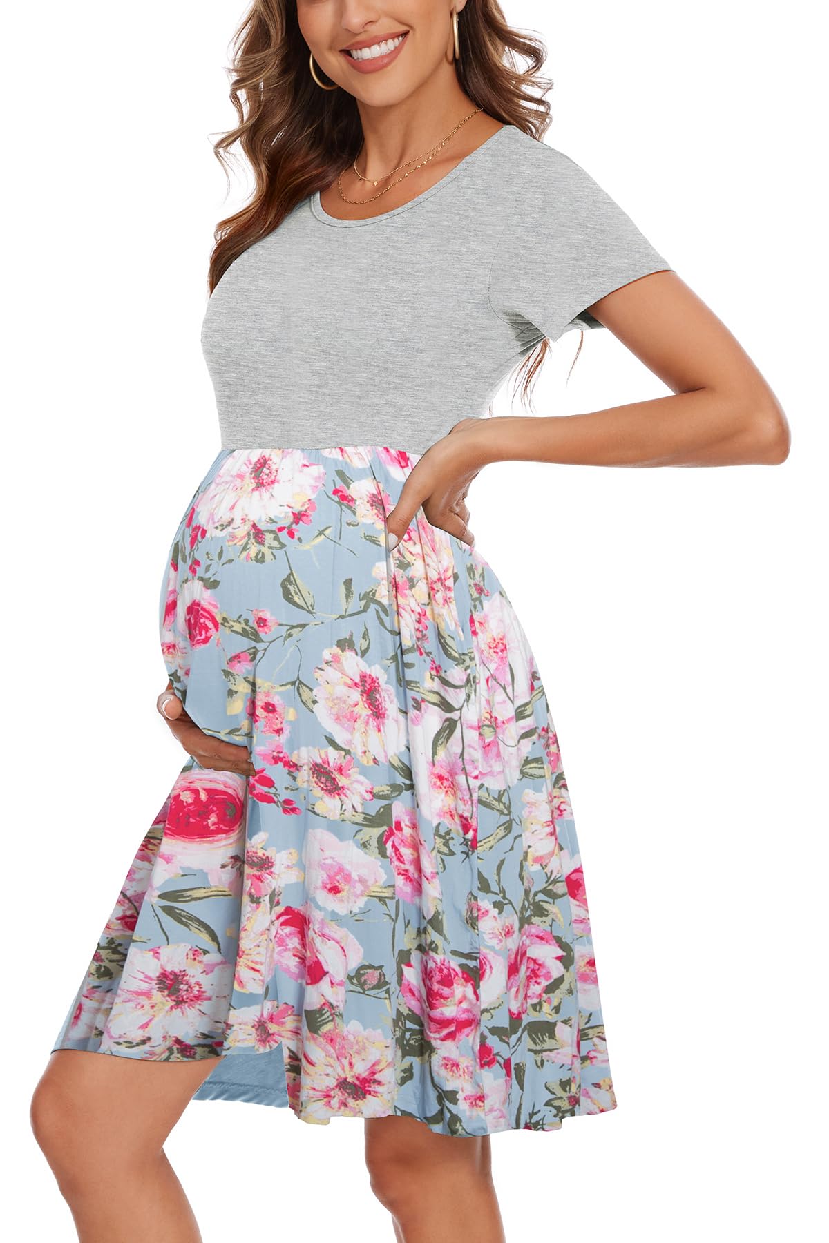 Women's Short Sleeve Maternity Dress Patchwork Pregnancy Clothes with Pockets