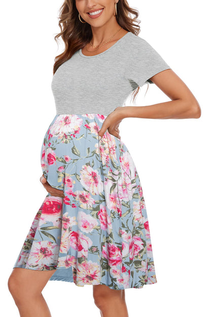 Women's Short Sleeve Maternity Dress Patchwork Pregnancy Clothes with Pockets