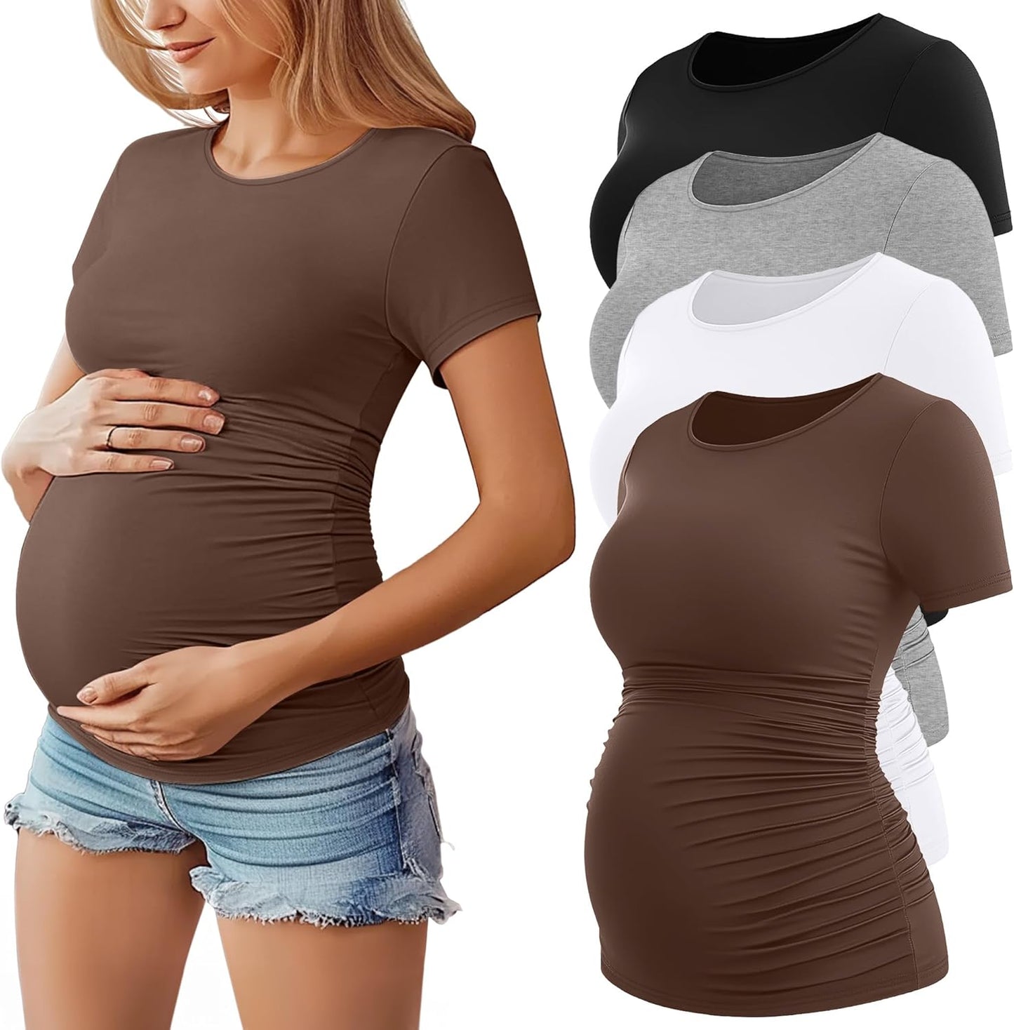 Huukeay 4 Pack Women's Maternity Shirts, Crew Neck Maternity Top Short Sleeve Casual Cotton Tee Side Ruched Pregnancy Clothes
