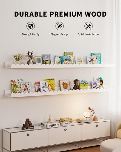 Shario Nursery Book Shelves, 4-Pack White Floating Shelves for Wall Kids, Scalloped Shelves, Wall Book Shelves for Bedroom Kids, Toddler Room, Baby Room, Nursery Decor