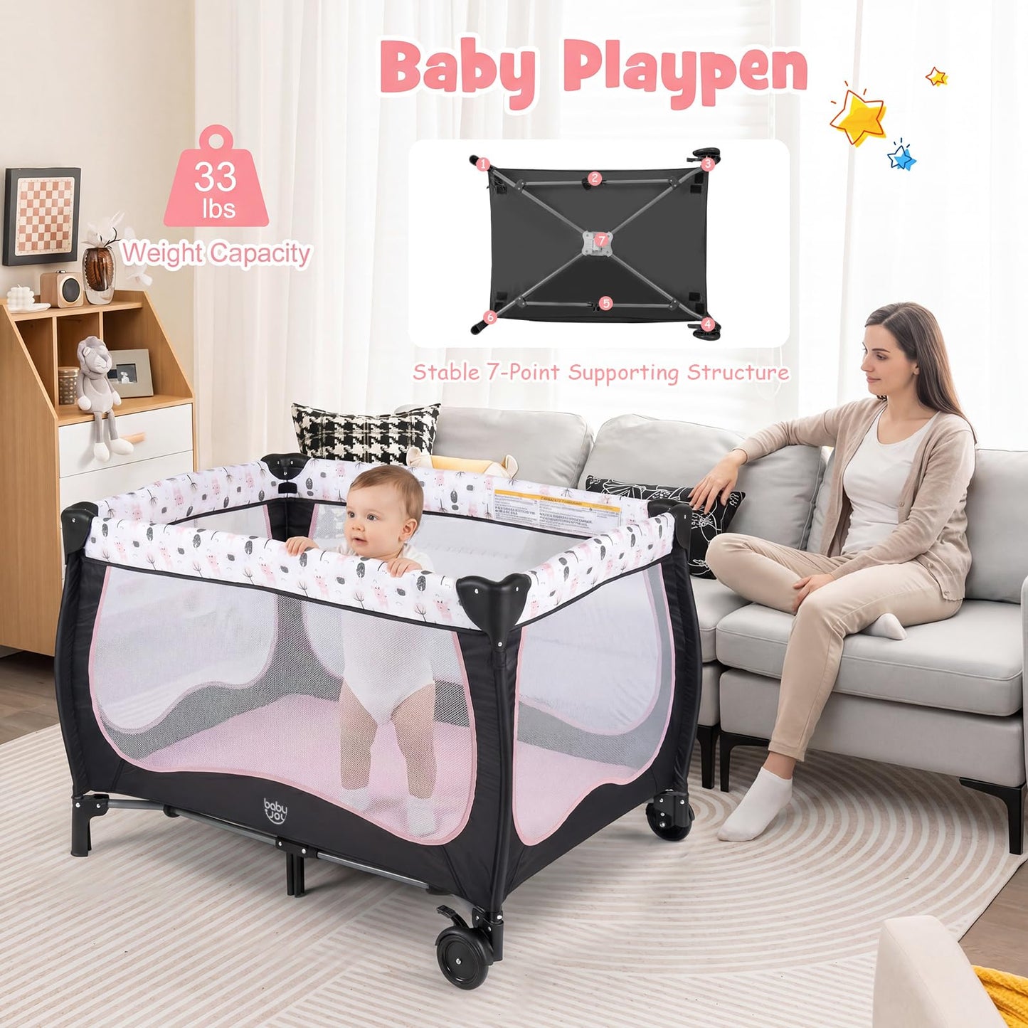 BABY JOY 4 in 1 Pack and Play with Canopy, Portable Baby Playard with Bassinet, Double-Layer Baby Crib, Wheels & Brake, Foldable Baby Girl Pink Princess Bassinet from Newborn to Toddler