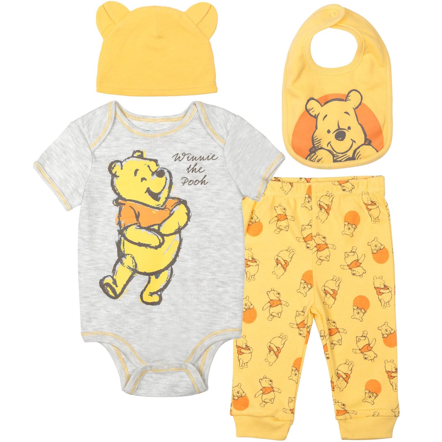 Disney Winnie the Pooh Baby 4-Piece Bodysuit Pants Bib and Hat Set Newborn to Infant