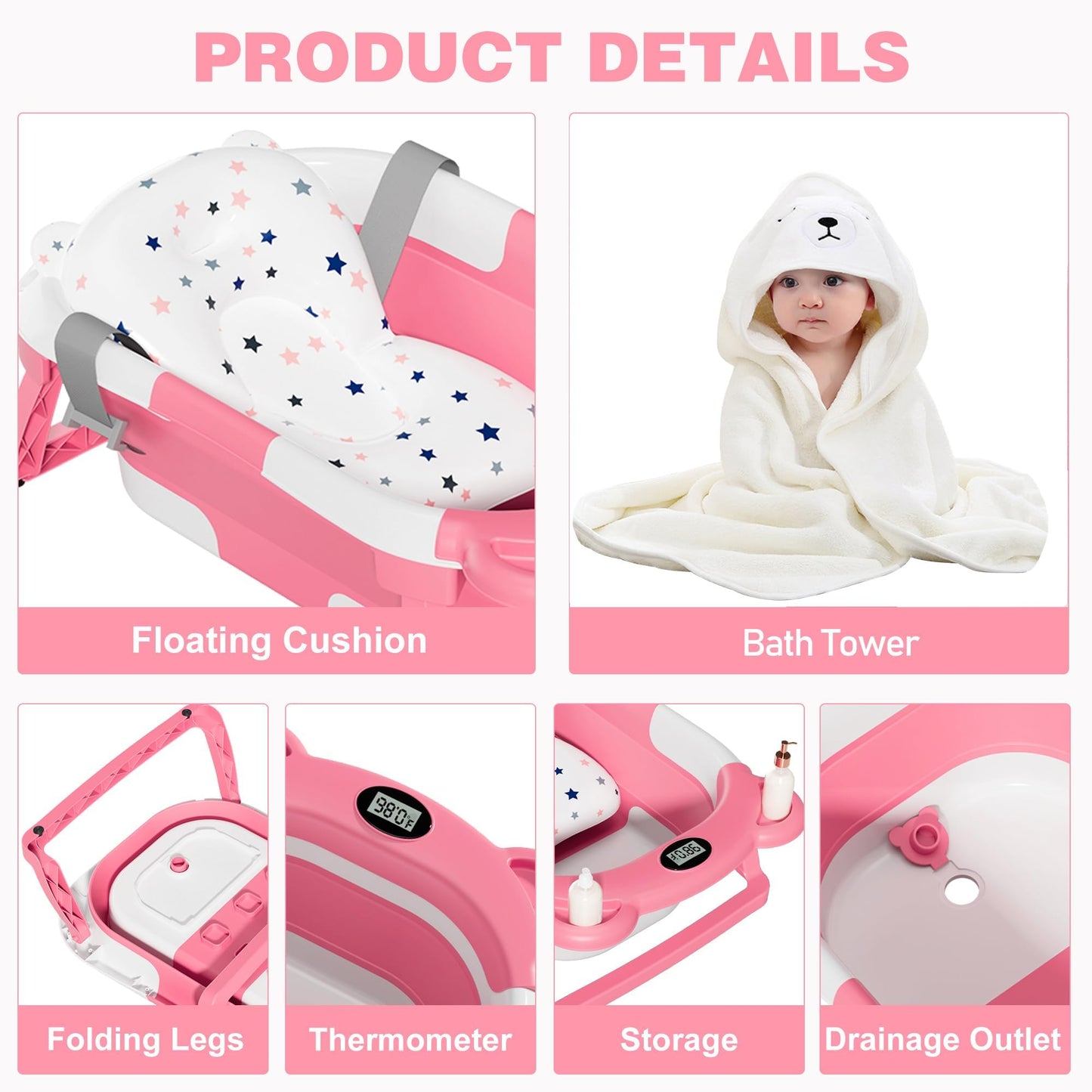 MoreFeel Collapsible Baby Bathtub for Newborn with Thermometer & 1 Hooded Towel & 1 Soft Floating Cushion,Portable Travel Bathtub with Drain Hole, Durable Foldable Baby Tubs for Infants to Toddler