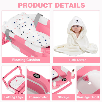 MoreFeel Collapsible Baby Bathtub for Newborn with Thermometer & 1 Hooded Towel & 1 Soft Floating Cushion,Portable Travel Bathtub with Drain Hole, Durable Foldable Baby Tubs for Infants to Toddler