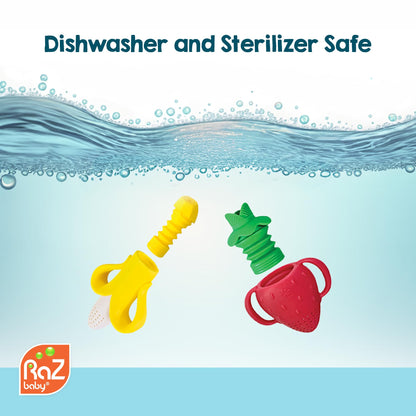 RaZbaby Baby Solids/Frozen Fruit Feeder Pacifier, Infant Teether Toy 6M+, BPA-Free, Safely Introduce Solids, Natural Teething Relief, Dishwasher Safe, Freezable – Blue & Orange 2-Pack