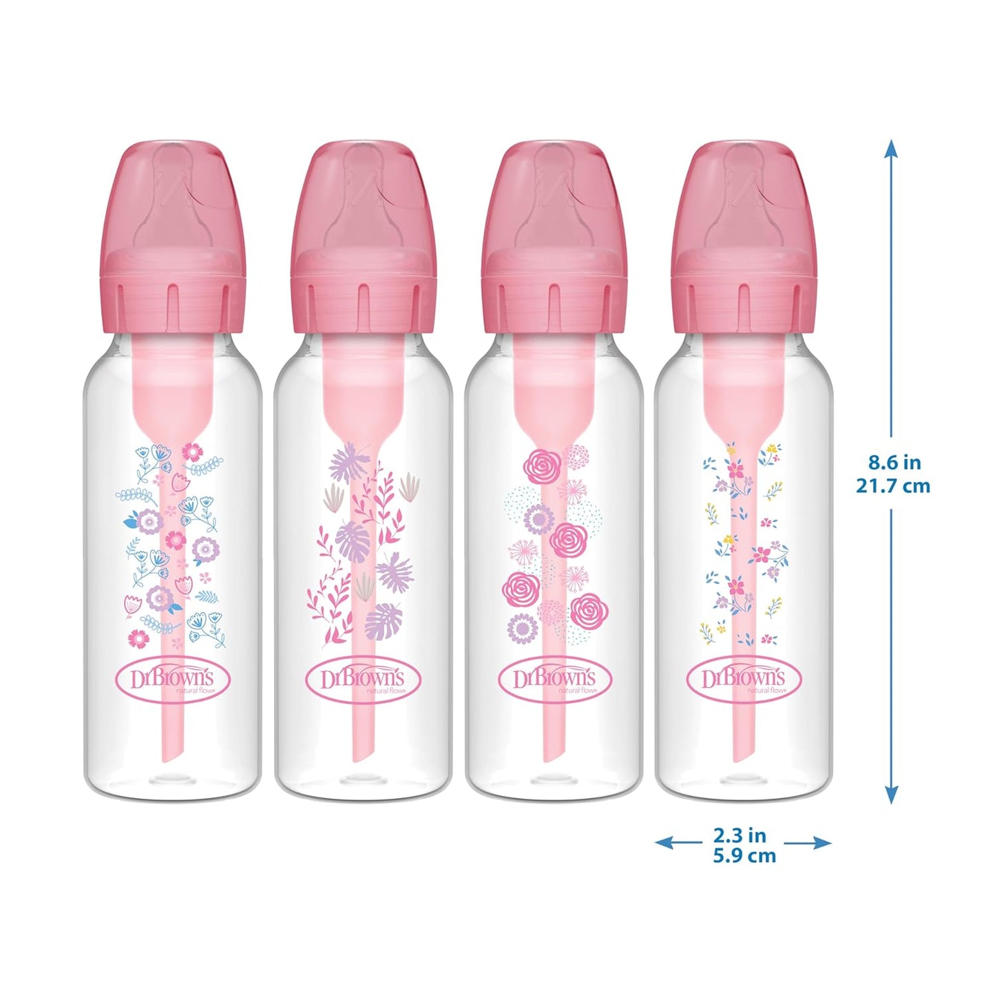 Dr. Brown's Natural Flow Anti-Colic Options+ Narrow Baby Bottle, 8 oz/250 mL, with Level 1 Slow Flow Nipples, 0m+, 4 Pack