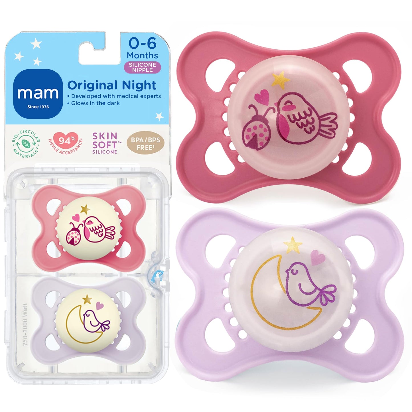 MAM Original Baby Pacifiers 0-6 Months, Binky for Newborn Babies, BPA-Free Skin Soft Silicone Nipple, Glows in The Dark, Developed with Medical Experts, 4 Count, Made in Europe