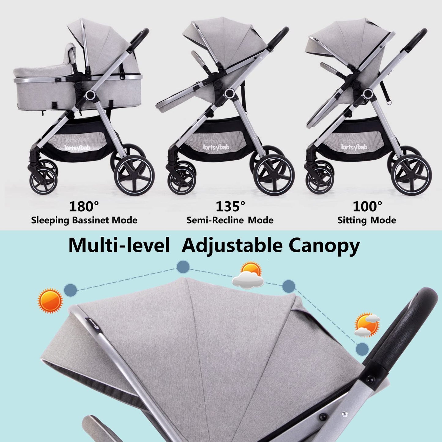 Lortsybab 2-in-1 Baby Stroller - Folding Infant Newborn Pram Stroller with Reversible Seat - Toddler Strollers for 0-36 Months Old Babies (Beige)