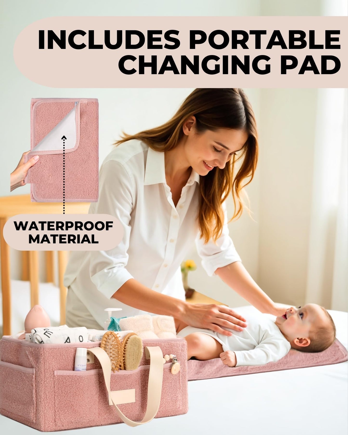 Baby Diaper Caddy Organizer with Portable Changing Mat - Teddy Fleece Diaper Organizer for Changing Table - Basket for Changing Essentials - Baby Essentials Organizer with Removable Dividers