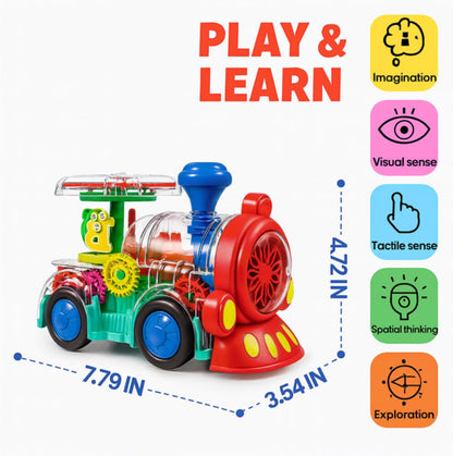 Transparent Sensory Train Toy -Interactive Light up Toys for Kids- Musical Train Toys with LED Light for Toddlers- Colorful Moving Gears- Tummy Time Crawling Baby Toy