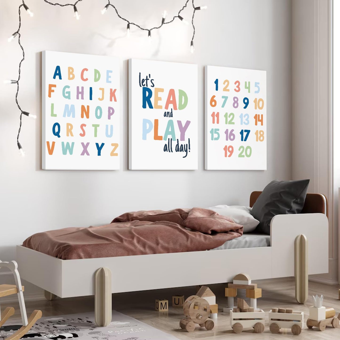 Kids Playroom Wall Art Decor Nursery ABC Alphabet Poster Play Room Canvas Wall Decor Toddler Childrens Educational Artwork Numbers Shapes Prints ABC Picture for Playroom 12x16 Inch Unframed Set of 3