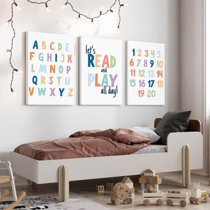 Kids Playroom Wall Art Decor Nursery ABC Alphabet Poster Play Room Canvas Wall Decor Toddler Childrens Educational Artwork Numbers Shapes Prints ABC Picture for Playroom 12x16 Inch Unframed Set of 3
