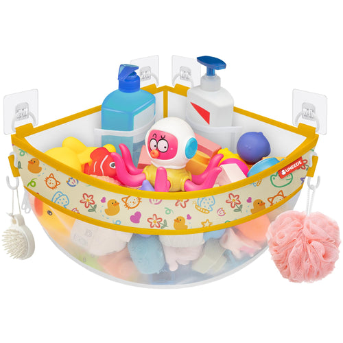 UNEEDE 4.32 Gallons Corner Mounted Bath Toy Storage Holder, Mesh Shower Caddy for Bathtub Organizer, Quick Dry Holder