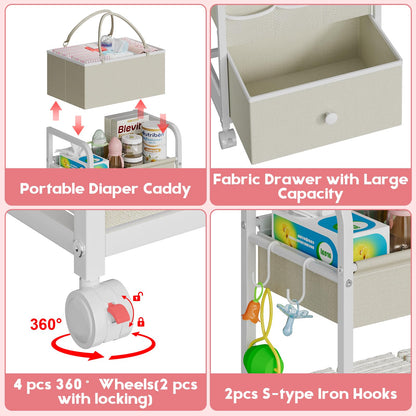 Cidaziya 2In1 Baby Diaper Caddy Organizers and Storage, 3 Tier Rolling Cart with Dividers and Drawers, Mobile Utility Cart Baby Dresser Clothes Organizer for Changing Table, Crib Nursery, Bedroom