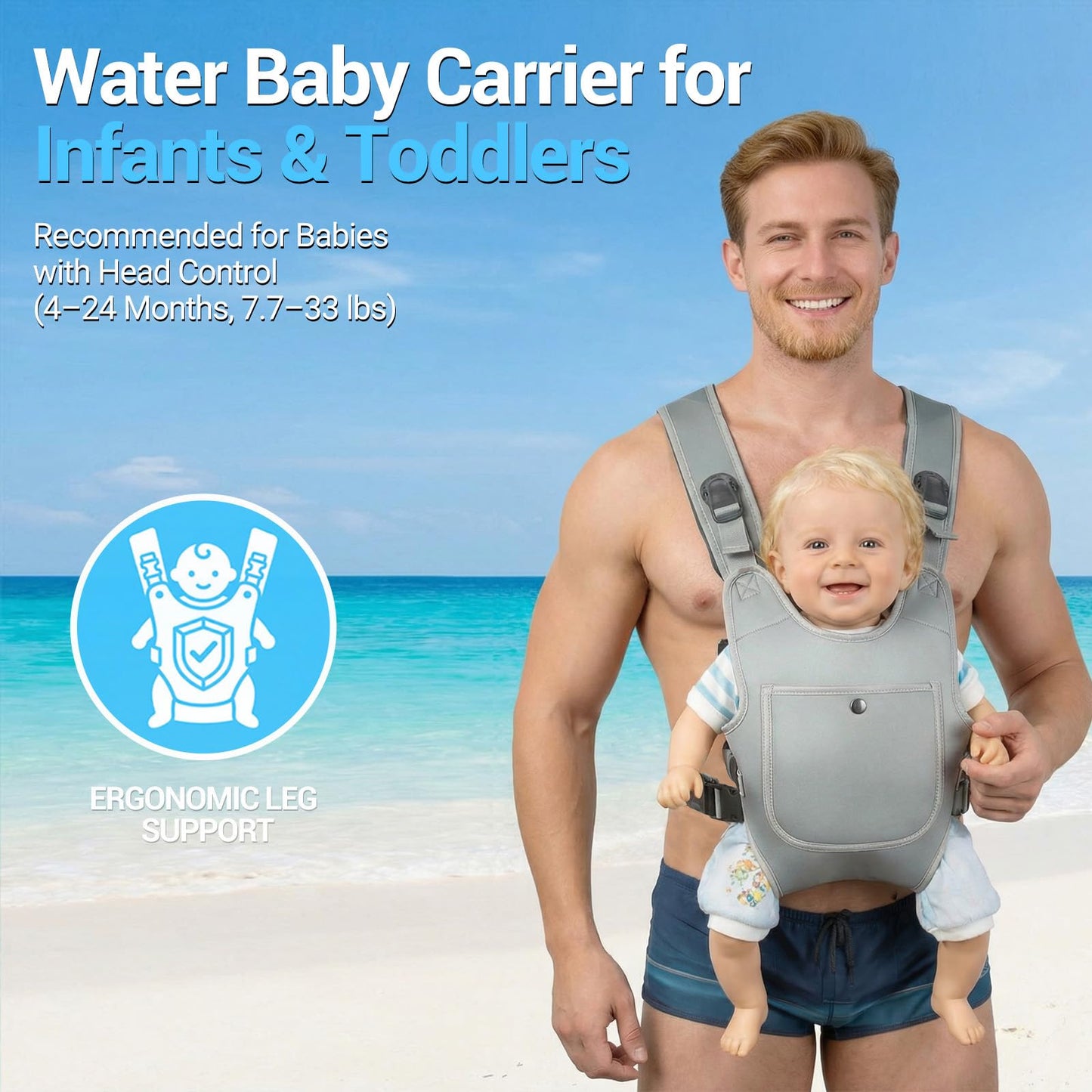 Neoprene Water Baby Carrier Newborn to Toddler, Ergonomic Waterproof Infant Chest Holder with Adjustable Straps, Breathable & Lightweight Baby Wearing Gear for Summer Pool Swimming & Beach