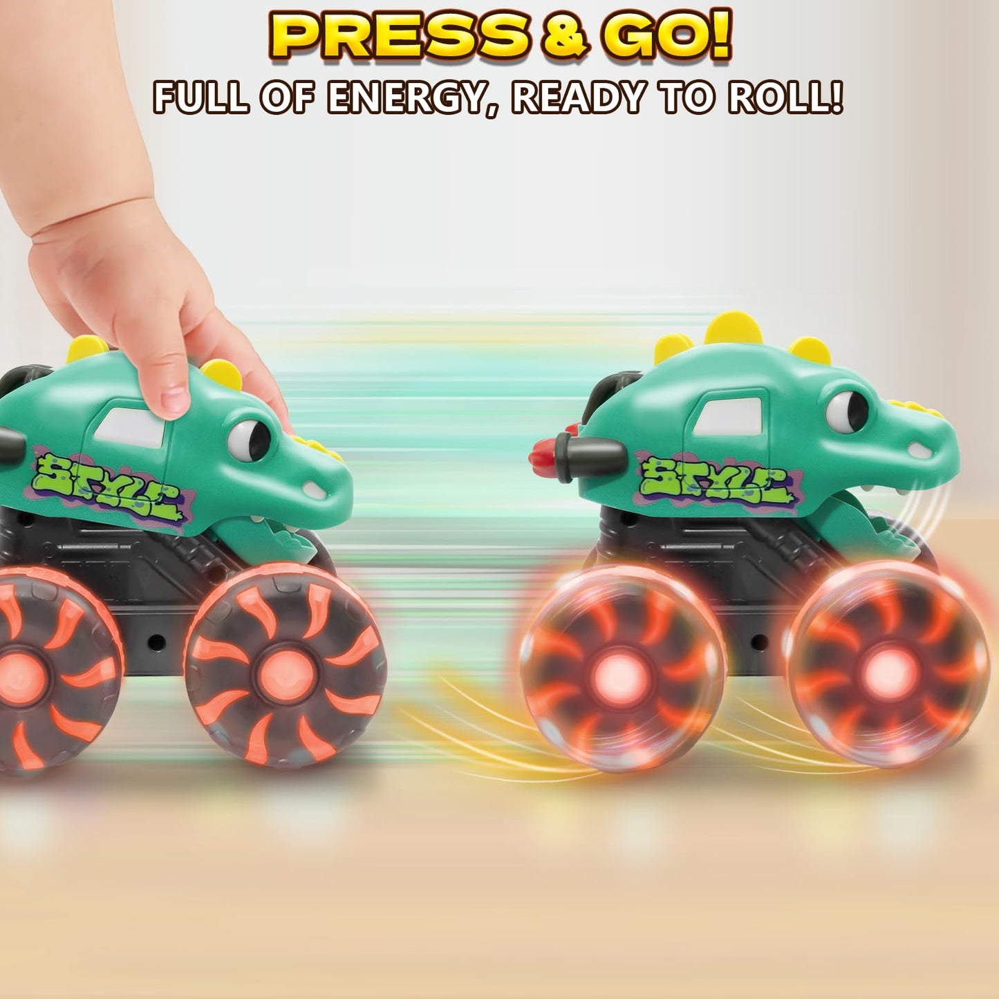 Intoypad 3 Pack Dinosaur Car Toys for Kids Toddlers, Light up Wheels Monster Truck Toys for Boys 2 3 4 5 6 7 8 Years Old Christmas Birthady Gifts Press & Go Dino Trucks Toy for Toddler Boy Baby