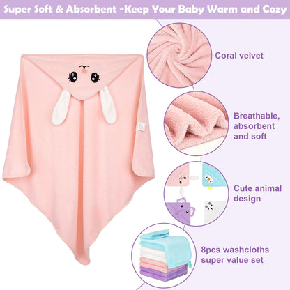 12 PCS Baby Bath Towels Set for Infants Toddlers, 4 PCS Animal Hooded Baby Towels & 8 PCS Washcloths Set, Ultra Absorbent Cute Soft Newborn Bath Essentials Gifts for Boys & Girls