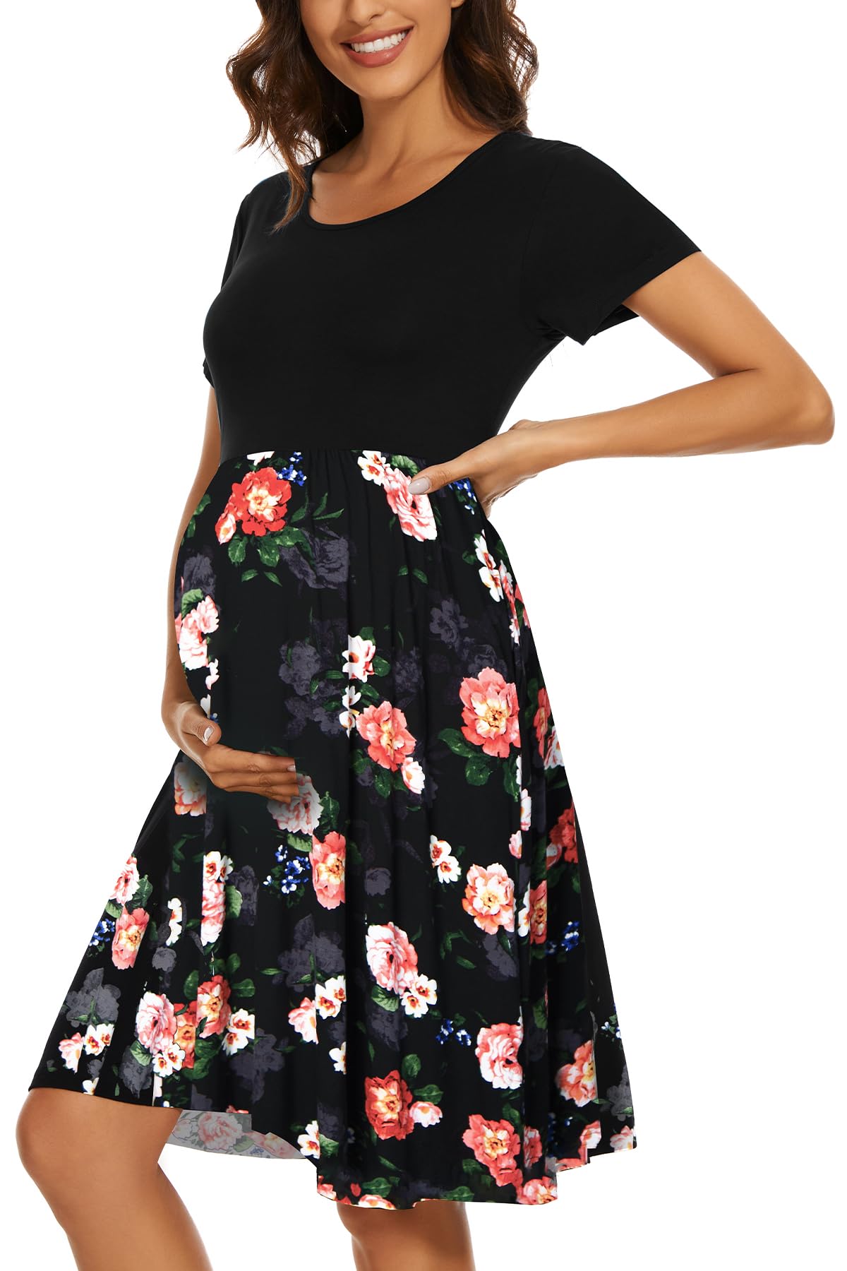 Women's Short Sleeve Maternity Dress Patchwork Pregnancy Clothes with Pockets