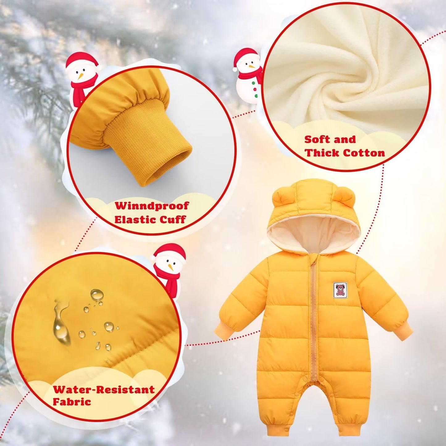 BYFRI Baby Boys Girls Snowsuit Newborn Cozy Winter Coat Infant Bear Hooded Jumpsuit Toddler Snow Outfit for 0-24 Months
