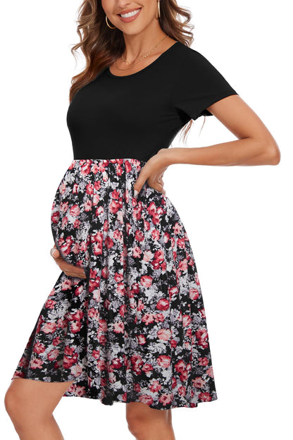 Women's Short Sleeve Maternity Dress Patchwork Pregnancy Clothes with Pockets
