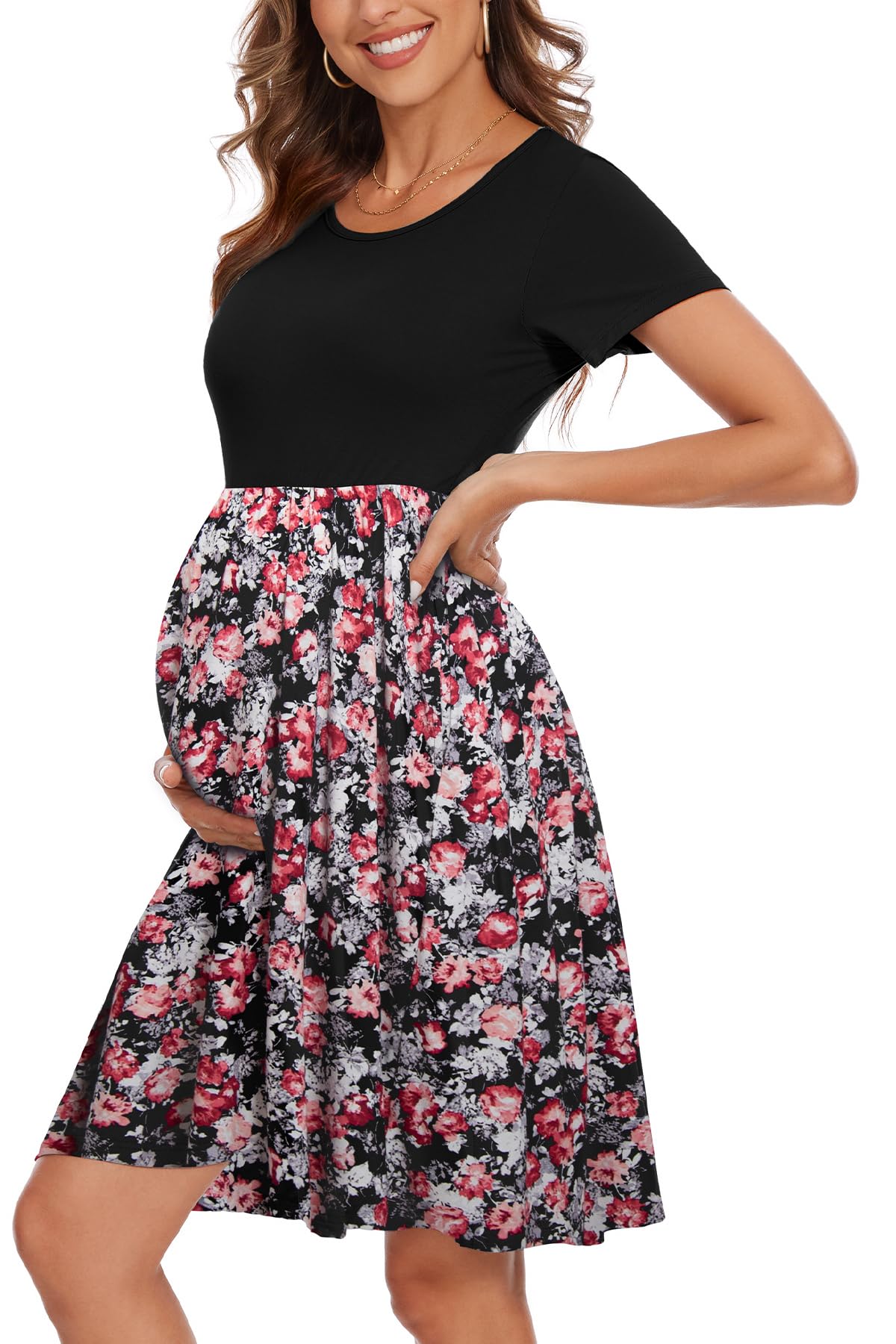 Women's Short Sleeve Maternity Dress Patchwork Pregnancy Clothes with Pockets