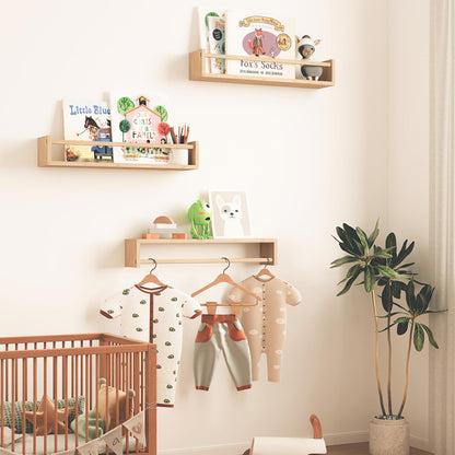 Fixwal Nursery Book Shelves, 16.5 Inch Floating Bookshelves for Wall Set of 3, Baby Nursery Decor, Solid Wood Wall Mounted Shelves for Books, Toys and Decor Storage (Brown)