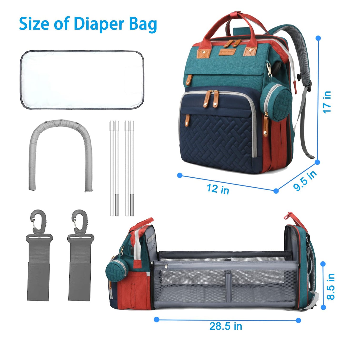 Jeryswet Baby Diaper Bags with Changing Station, Waterproof Large Capacity Diaper Bag Backpack for Moms Dads with USB Charging Port and Stroller Straps, Baby Shower Gifts, Grey