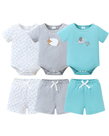 Jecson Newborn Boy Clothes Baby Boy Outfits Summer Set 6-Piece Cotton Short Sleeve Top and Shorts for 0-18M