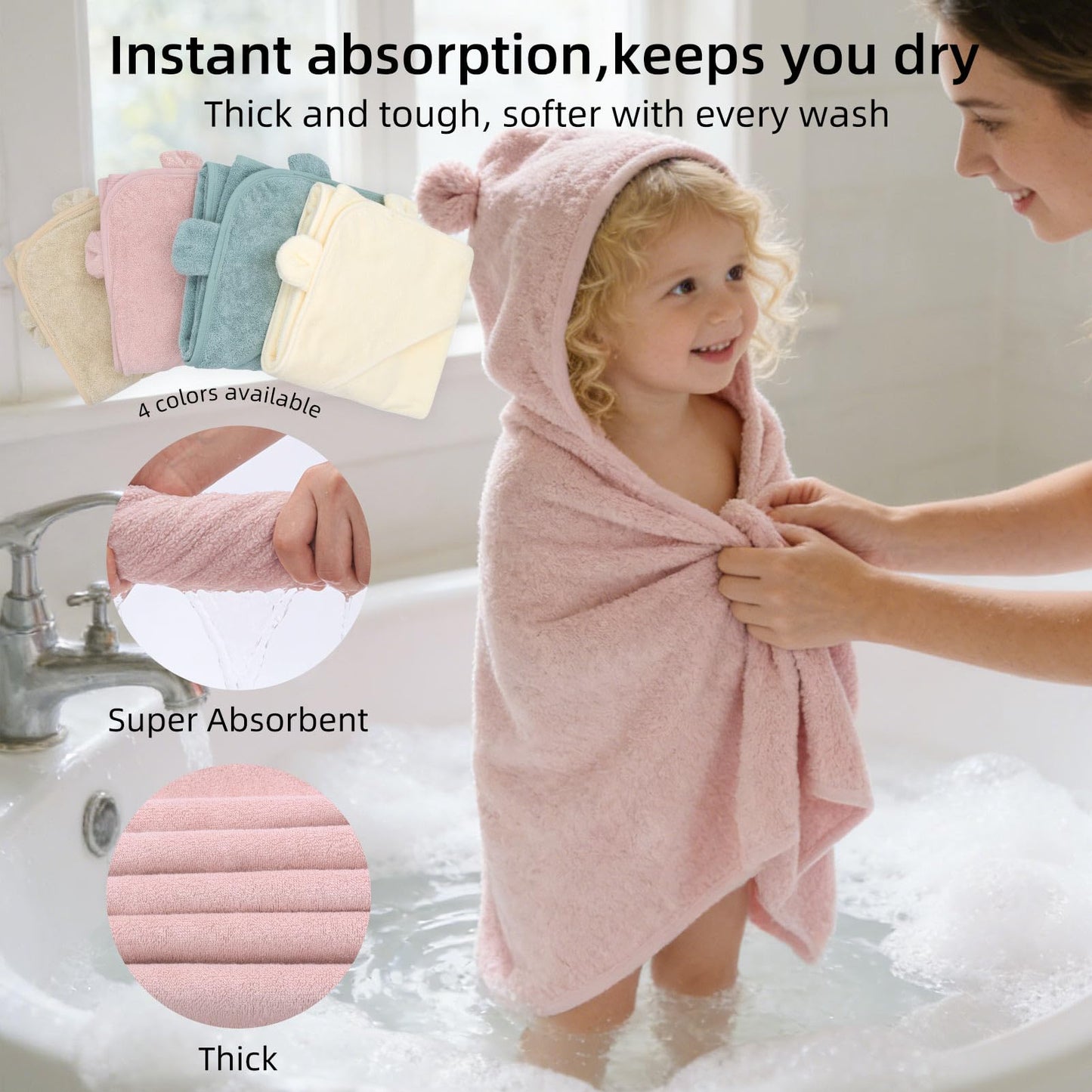 LifeTree 1 Pack Baby Hooded Towel with 1 Pack Washcloth for Newborn, 100% Cotton Bath Towel for Babies, Infant, Toddler and Kids, Thick,Soft and Absorbent, 30 * 30 Inches, Newborn Essentials, Pink