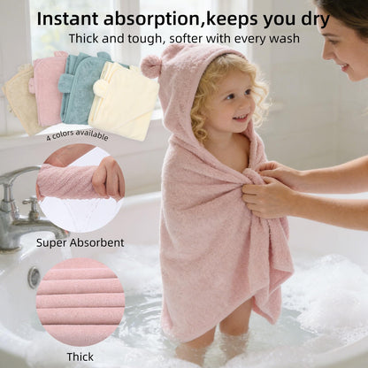 LifeTree 1 Pack Baby Hooded Towel with 1 Pack Washcloth for Newborn, 100% Cotton Bath Towel for Babies, Infant, Toddler and Kids, Thick,Soft and Absorbent, 30 * 30 Inches, Newborn Essentials, Pink