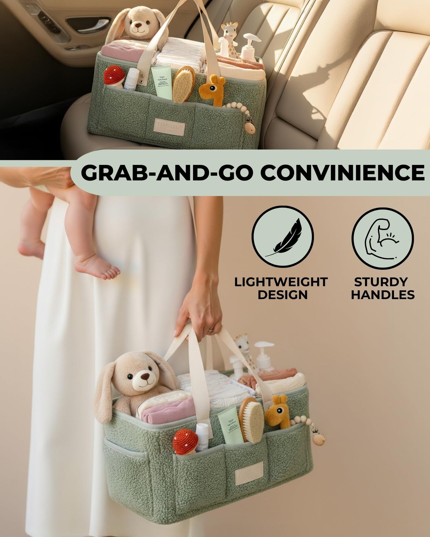 Baby Diaper Caddy Organizer with Portable Changing Mat - Teddy Fleece Diaper Organizer for Changing Table - Basket for Changing Essentials - Baby Essentials Organizer with Removable Dividers