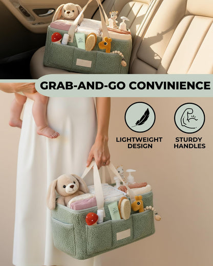 Baby Diaper Caddy Organizer with Portable Changing Mat - Teddy Fleece Diaper Organizer for Changing Table - Basket for Changing Essentials - Baby Essentials Organizer with Removable Dividers