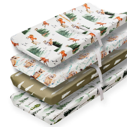 4 Pack Changing Pad Covers Woodland Forest Animals Wood Neutral Unisex Fitted Baby Changing Pad Cover Set for Baby Boys or Girls