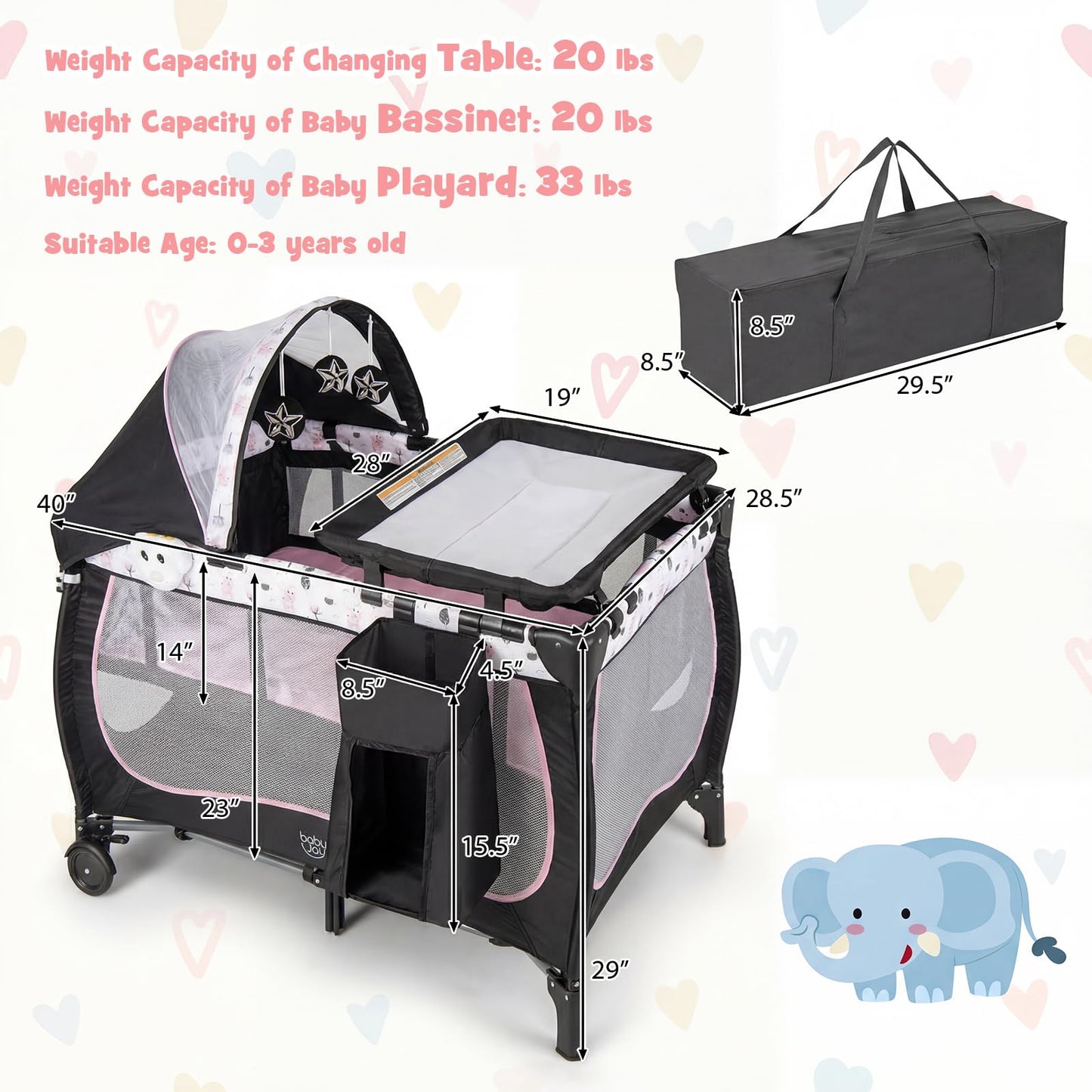 BABY JOY 4 in 1 Pack and Play with Canopy, Portable Baby Playard with Bassinet, Double-Layer Baby Crib, Wheels & Brake, Foldable Baby Girl Pink Princess Bassinet from Newborn to Toddler