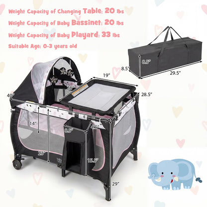 BABY JOY 4 in 1 Pack and Play with Canopy, Portable Baby Playard with Bassinet, Double-Layer Baby Crib, Wheels & Brake, Foldable Baby Girl Pink Princess Bassinet from Newborn to Toddler